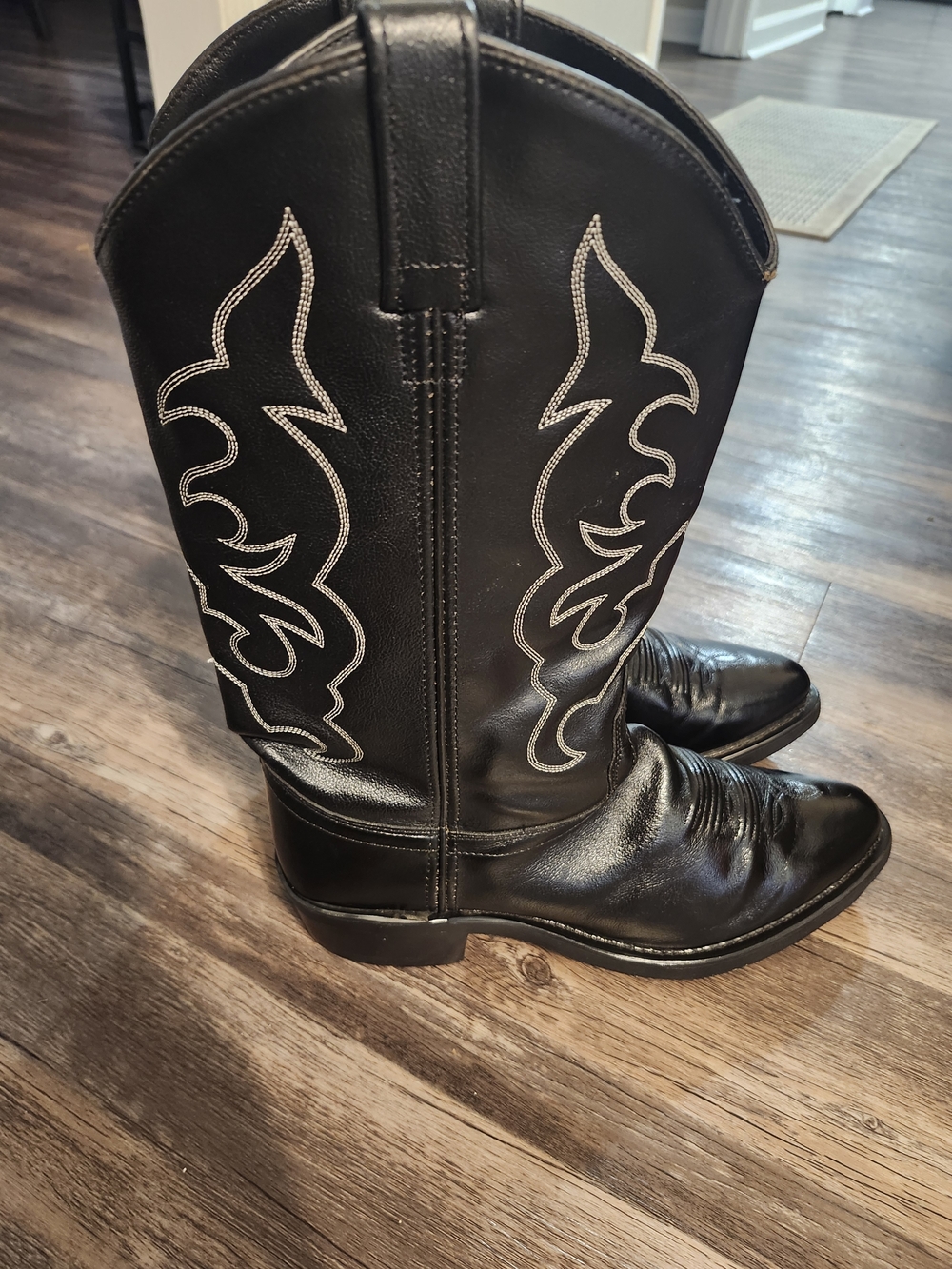 Old West Black Leather Cowboy Boots with White Stitching